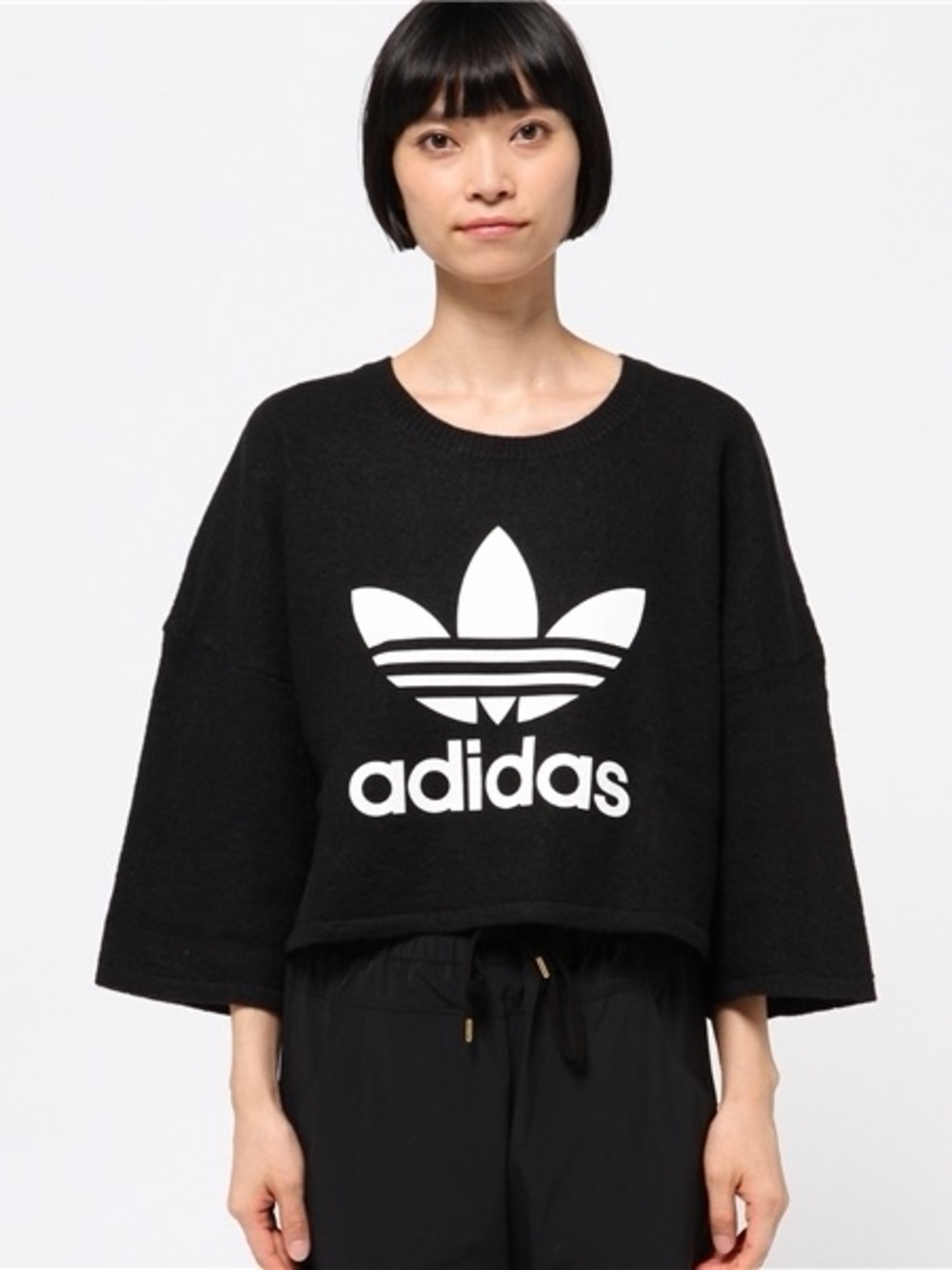 adidas Black Cropped Trefoil Wool Sweater with White Logo